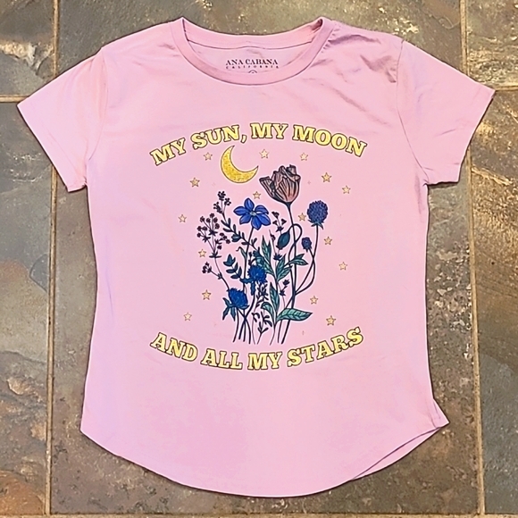 Ana Cabana Boho Pink Graphic Moon Stars & Flowers Tee Small - Picture 3 of 8